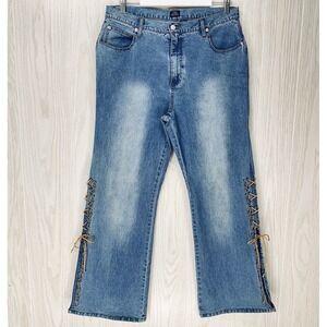 The Blues Wide Leg Jeans Womens Size 14 Blue High Rise Suede Laces 70s Hippie